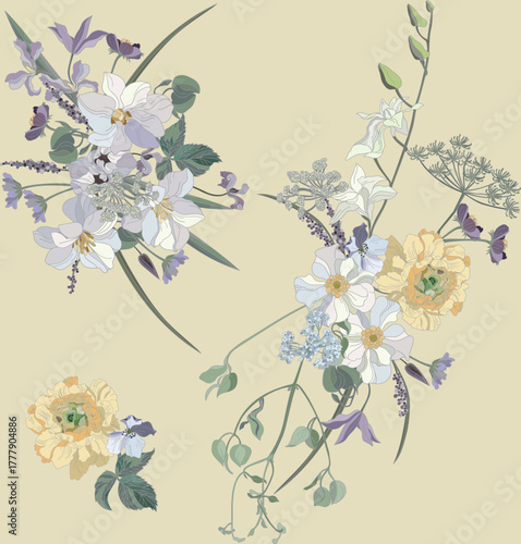 Flowers and leaves in vintage style, seamless pattern.	
