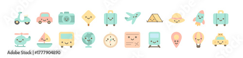 Flat Cute Travel and Adventure Illustration with Airplane, Luggage, Camera, Scooter, Map, Compass, Hot Air Balloon, Tent, Taxi, Bus, Boat, Rocket, and Globe in Pastel Colors for Vacation and Journey C