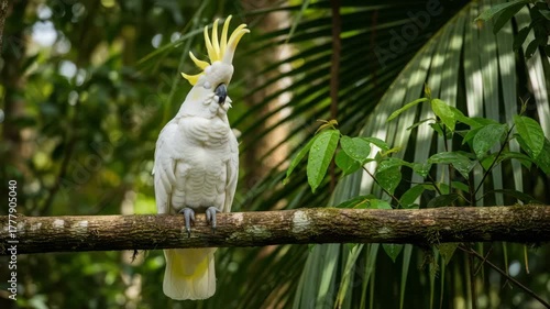 Sulphurcrested cockatoo perched on a branch in a lush green forest