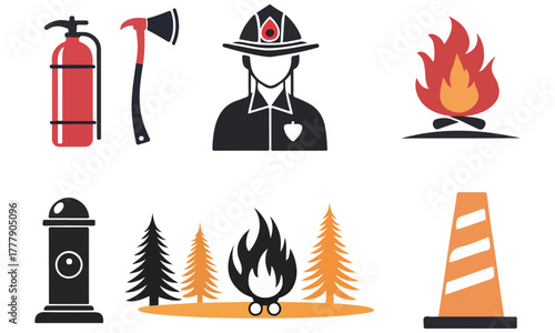 Firefighting Icons – Fire Safety, Emergency Equipment, and Firefighter Symbols .