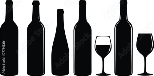 Wine bottle silhouettes, liquor glass shapes, elegant drinkware icons, black vector objects, alcohol design elements, minimalist beverage illustration set
