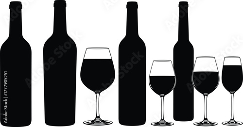 Wine bottle silhouette, wine glass vector, elegant drink design, beverage icon, minimalist wine art, tasting concept, bar decor, restaurant graphic