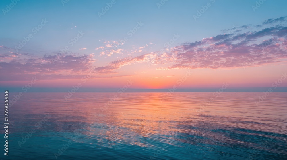 Obraz premium Soft hues of pink and orange blend in the sky as the sun sets over tranquil waters inviting peace.