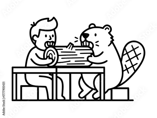 Vector isolated simple minimal black-and-white drawing Bobr kurwa ja pierdole meme style. Black-and-white cartoon line drawing of a man and a beaver sitting at a table, chewing a log together