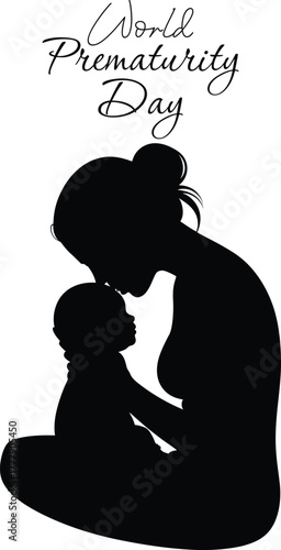 World prematurity day: loving mother kisses baby's head silhouette.