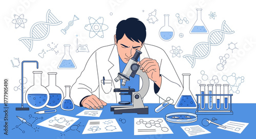 Scientist Conducting Laboratory Research Using Microscope With Scientific and Bio Objects Displayed