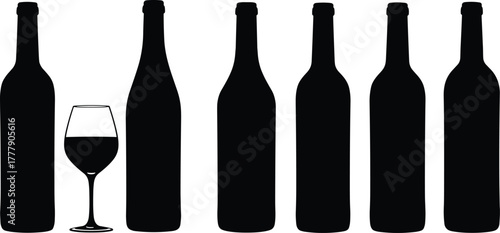 Wine bottle silhouettes, red wine glass, minimal design, elegant contrast, black shapes, beverage concept, stylish layout, isolated objects, drink theme