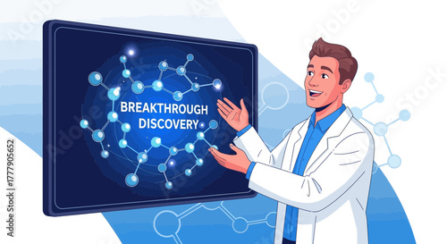 Scientist Presenting Breakthrough Technological Discovery Using High-Tech Visual Display