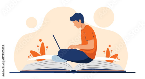 Online Learning Student Focused On Work With Laptop Sitting On A Huge Book