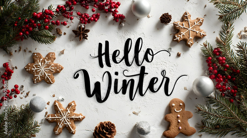 Festive flat lay composition with hello winter calligraphy for seasonal decor and greeting cards