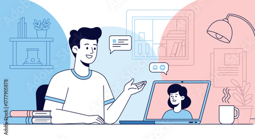 Online Meeting Communication Depicted Illustration: Modern Design and Digital Interaction