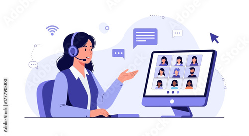 Online Meeting Communication Concept: Video Conference Call With Team and Support Representative