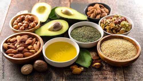 Wallpaper Mural selection of healthy fats food avocado nuts seeds olive oil in bowls Torontodigital.ca