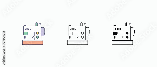 Sewing Machine icon multiple styles, including flat, line, glyph, and colored variations. Vector stock illustration