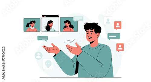 Online Meeting Presentation Illustration: Man Giving a Speech to a Webinar Audience