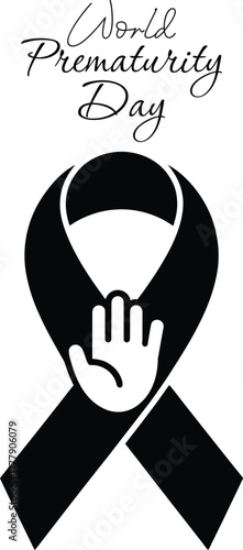 World prematurity day awareness ribbon with tiny baby hand icon