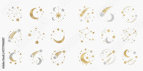 A collection of gold and silver celestial elements including moons, stars, and shooting stars, arranged in decorative patterns.