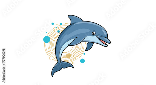 A happy, blue cartoon dolphin jumps playfully, surrounded by abstract golden swirls and blue bubbles, symbolizing ocean life.