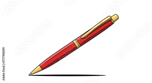 A vibrant red pen with golden trim is depicted in a clean illustration, poised as if writing a dark line on a white background.
