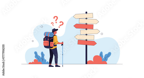 A pensive traveler stands at a crossroads, pondering which path to take among the many options on a wooden signpost.
