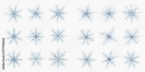 A collection of detailed, intricate, and unique blue and white snowflake designs on a transparent background, perfect for winter and holiday themes.