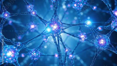 Abstract neural network with glowing nodes and connections in blue and purple
