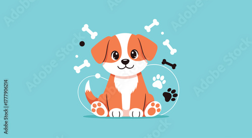 A charming cartoon puppy with orange and white fur sits happily on a teal background, surrounded by playful bones and paw prints, embodying warmth and companionship.