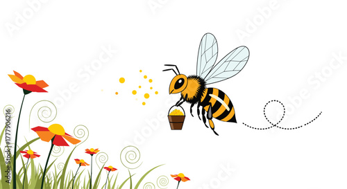 A vibrant cartoon honey bee with a full pollen bucket gracefully flies over stylized flowers, leaving a whimsical dotted trail.