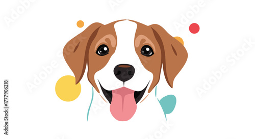 A cheerful, friendly cartoon dog illustration with its tongue out, surrounded by playful colorful dots on a white background.