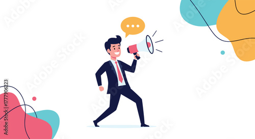 A cheerful businessman holds a megaphone with a speech bubble, symbolizing announcement, marketing, or public speaking.