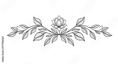 Elegant black and white line art illustration of a symmetric botanical design with a lotus flower and delicate leafy branches, perfect for decorative purposes.