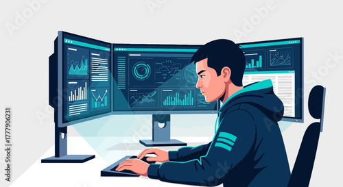 Software Developer Working Diligently on Complex Data Analysis System Using Multiple Screens