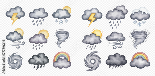 A collection of watercolor weather icons including rain, snow, sun, clouds, lightning, wind, tornado, hurricane, and rainbow.