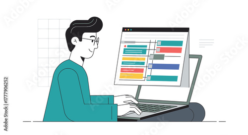 Online Workflow: A Man Working On A Laptop Monitoring His Project Schedule