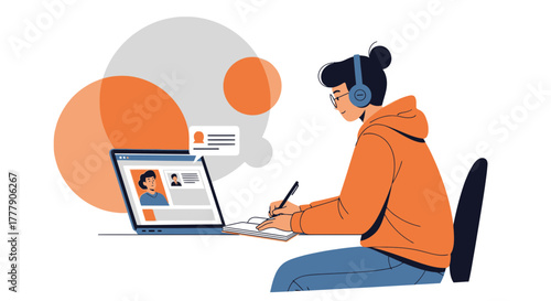 Student Engaged In Virtual Learning and Note-Taking During Online Course