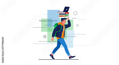 Student Carrying Books and Laptop, Concept of education, learning, and academic journey