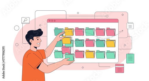 Organizing Digital Files: Man Carefully Arranges Folders On Computer Screen