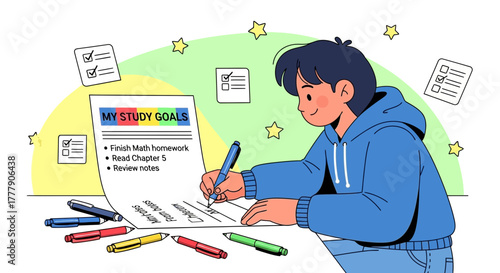 Student Planning Study Goals And Writing On Paper With Colorful Pencils Ready To Work