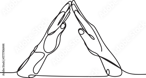 Modern minimalist single continuous line drawing of two human hands forming a gentle protective gesture, symbolizing unity, peace, and spiritual harmony