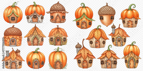 Watercolor illustration set of whimsical autumn fairy houses shaped like pumpkins, acorns, and leaf-roofed cottages.