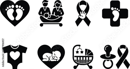 Newborn baby care, parenting, health, and awareness vector icons