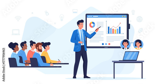 Presenter Explaining Graph to Audience During Video Conference and In-Person Gathering