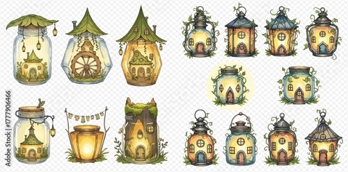 Collection of whimsical watercolor fairy houses and glowing lanterns in various shapes and styles.