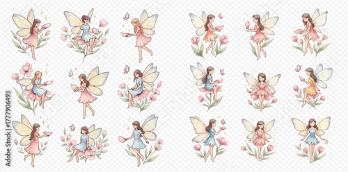 A collection of whimsical watercolor illustrations featuring various fairies with delicate wings, surrounded by pastel flowers and butterflies, in a soft, dreamy style.