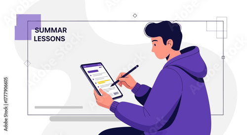 Student Studies Online Using A Tablet And Stylus For Improved Summer Lessons Focused Learning