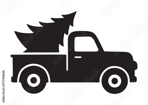christmas truck logo silhouette vector, christmas car silhouette vector illustration, truck with christmas tree vector, christmas pickup truck logo silhouettes vector on white background