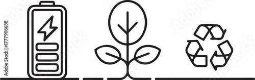 Ecology and sustainability concept illustrated with line icons for renewable energy, plant growth, and recycling
