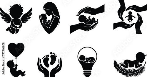 Baby care, love, protection, family, birth, and motherhood icons