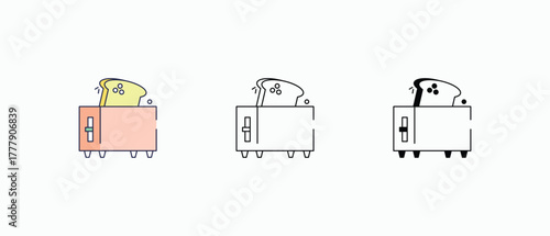 Toaster icon multiple styles, including flat, line, glyph, and colored variations. Vector stock illustration