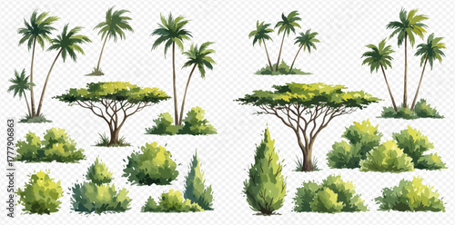 Collection of watercolor-style illustrations of various trees and bushes, including palm trees, acacia trees, cypress, and green shrubs, on a transparent background.